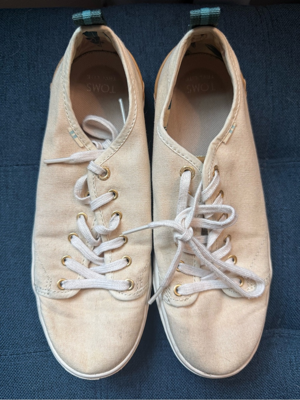 TOMS Women's Cream Canvas Lace-Up Sneakers with Gold Eyelets